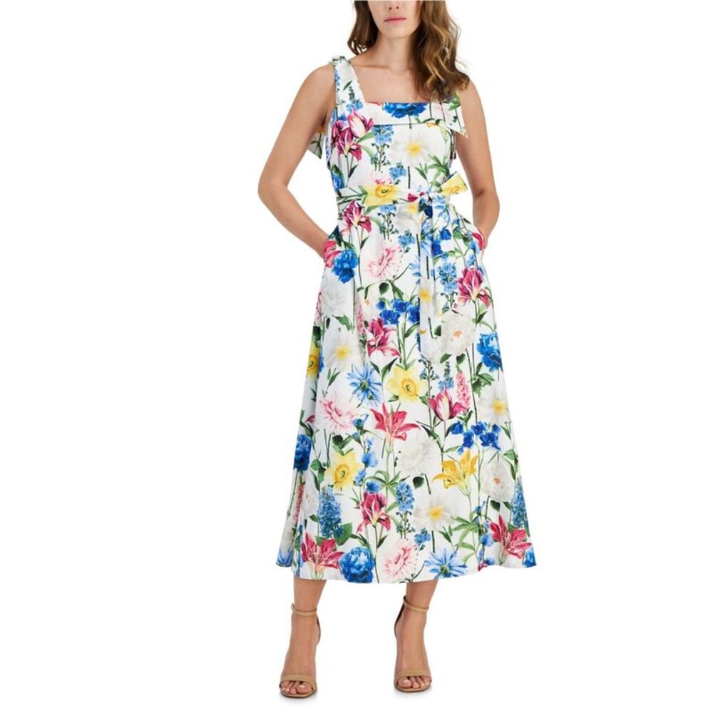 Anne Klein Womens Floral Shift Midi A-line Dress, Multicoloured, 14, MP